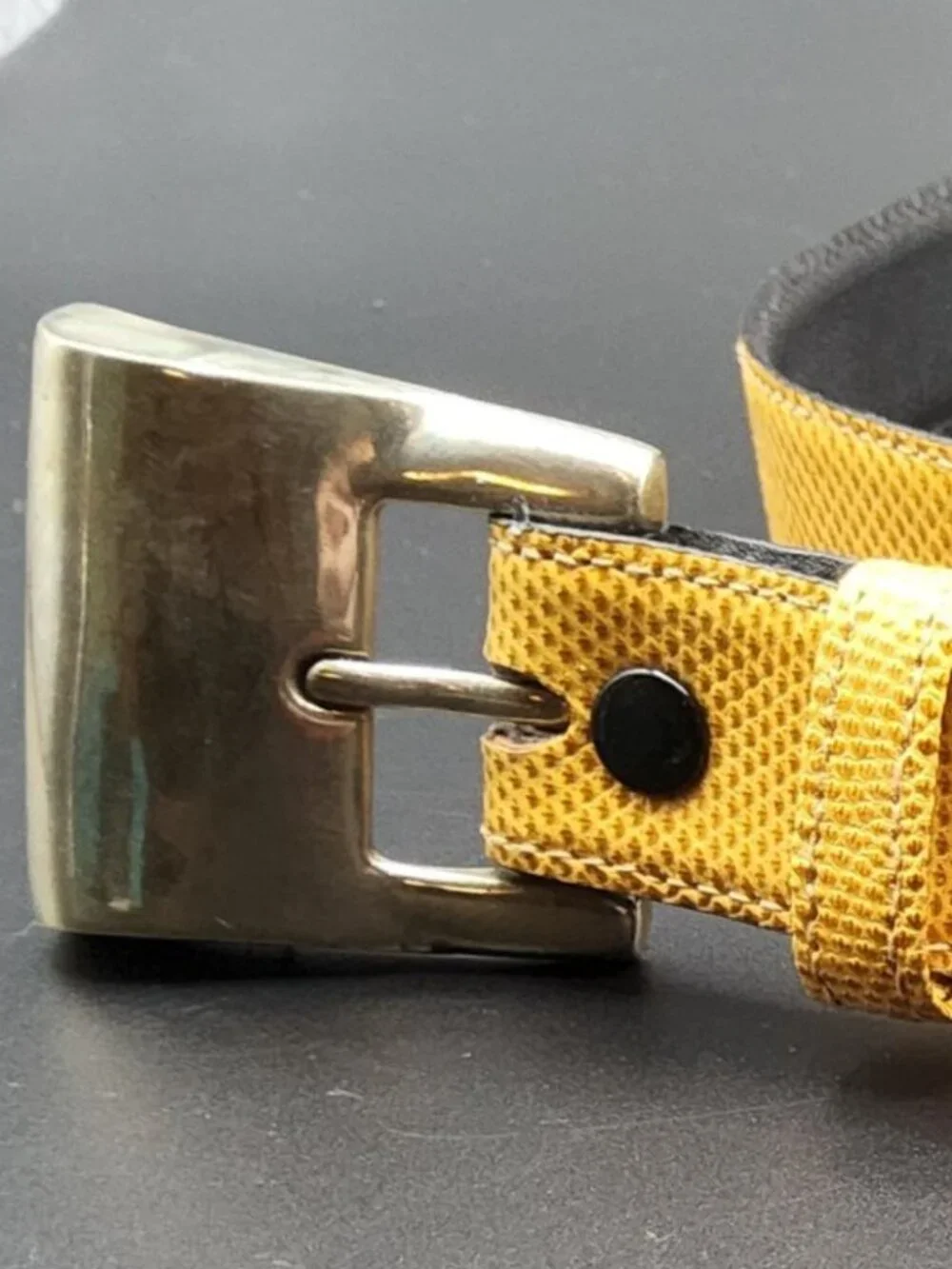 Vintage Jeff Deegan Designs Yellow/Gold Lizard Skin Belt With Removable Bronze